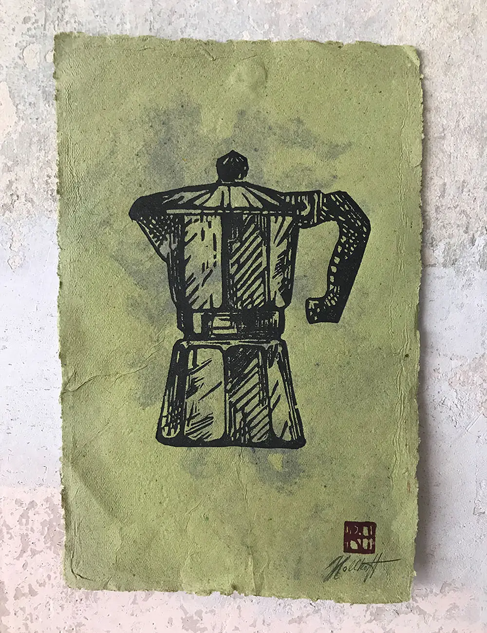 Bialetti linoprint printed by Ronja Hollkott on handmade paper