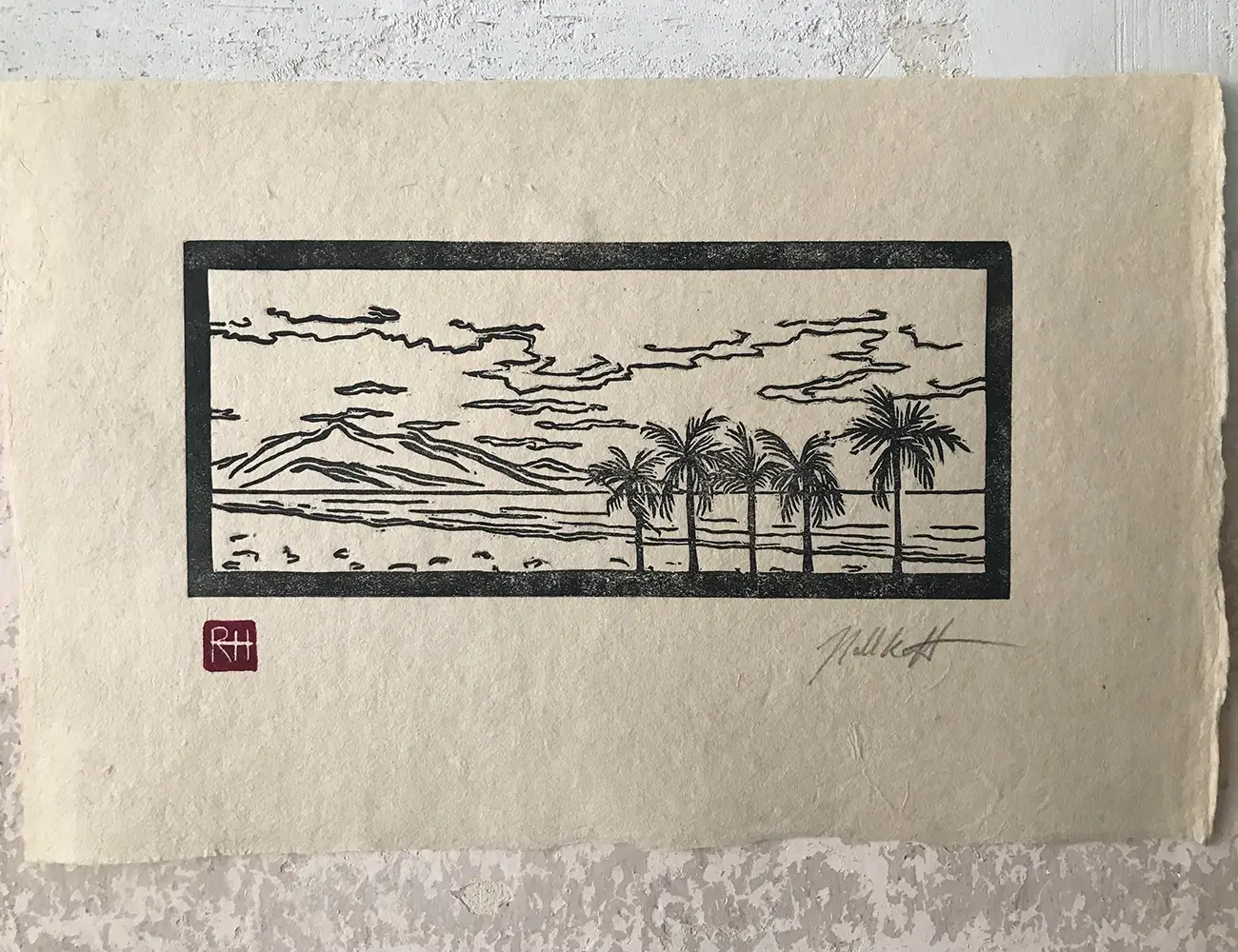 beach Linoprint printed by Ronja Hollkott on vietnamese paper