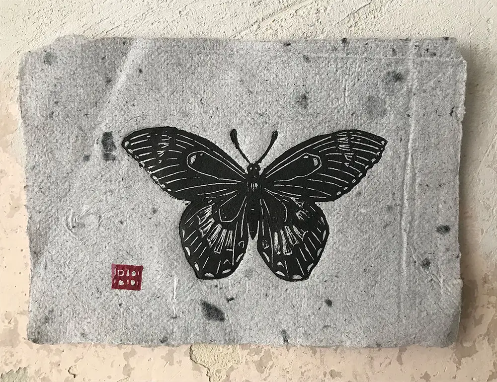 Butterfly Linoprint printed by Ronja Hollkott on handmade paper