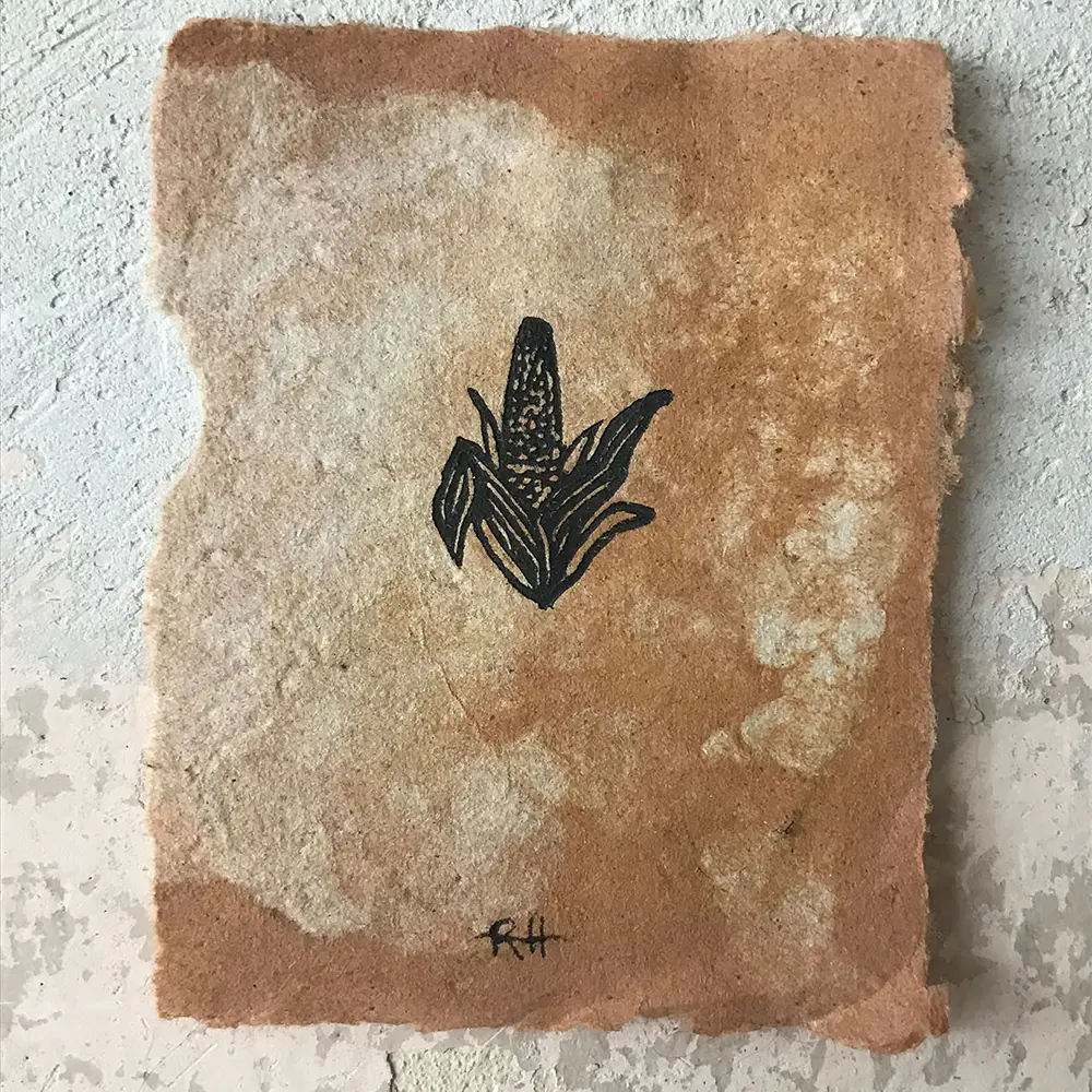 corn linoprint printed by Ronja Hollkott on handmade paper