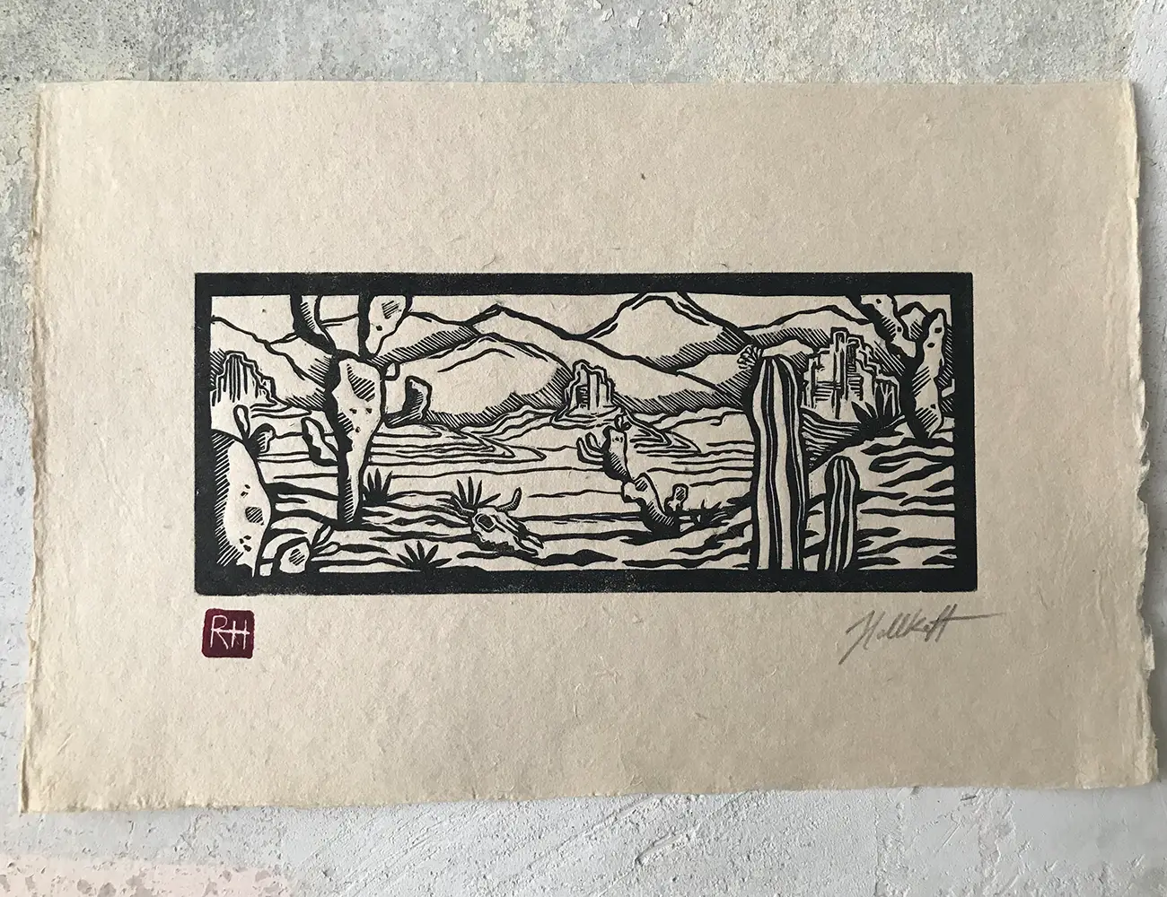 desert linoprint printed by Ronja Hollkott on vietnamese paper