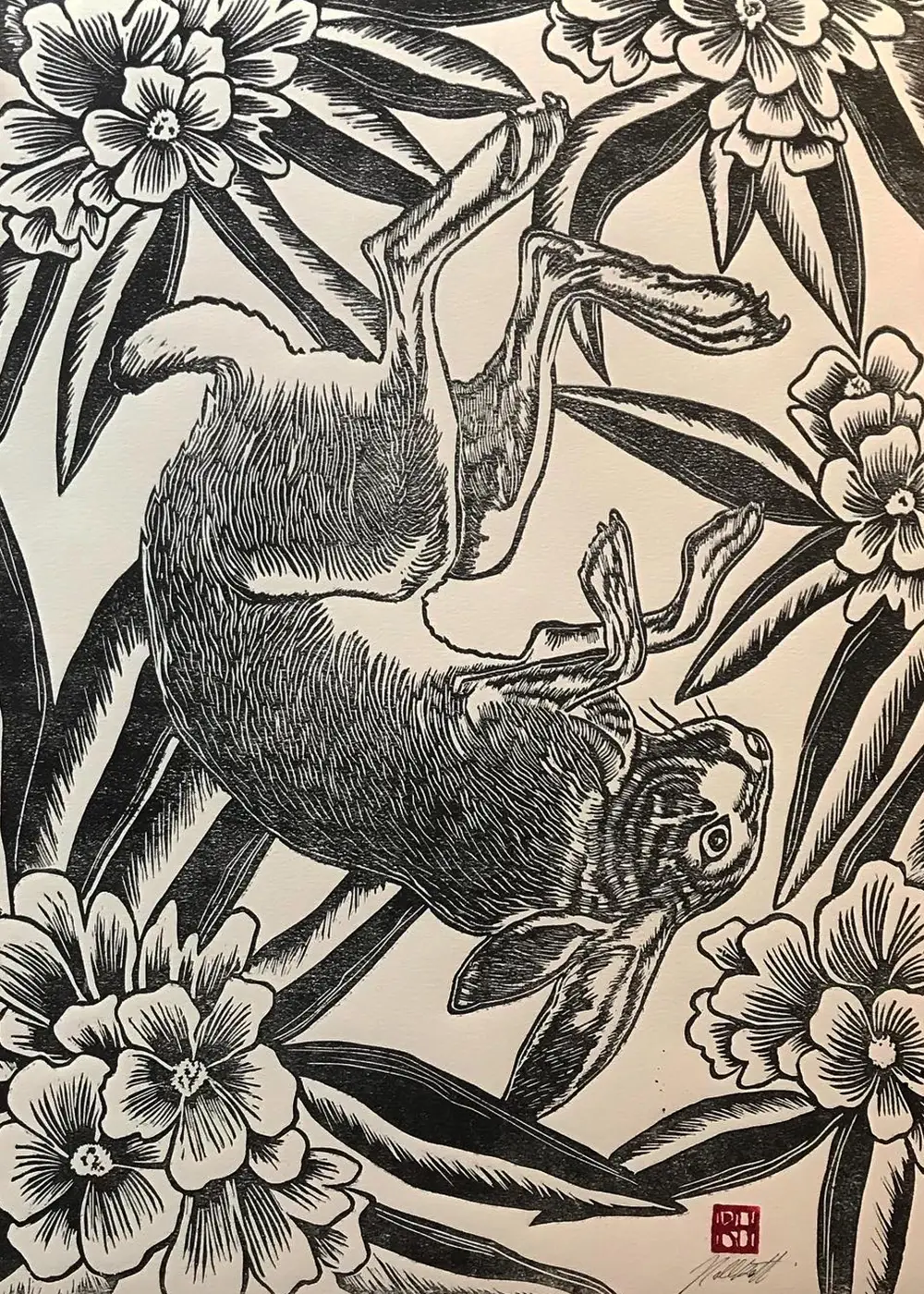 Hare linoprint printed by Ronja Hollkott