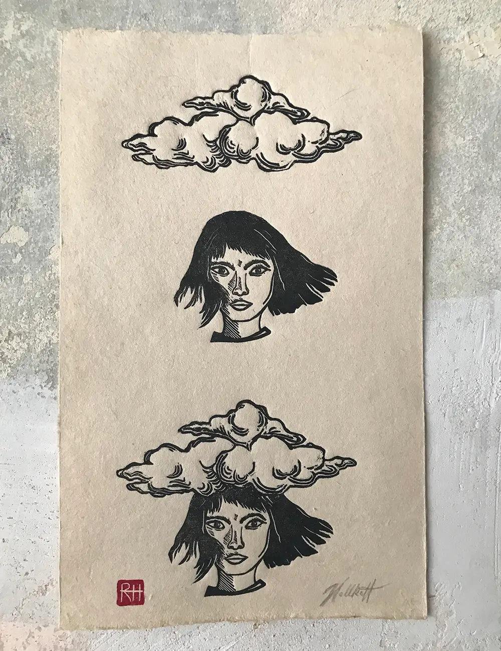 head in clouds linoprint printed by Ronja Hollkott on vietnamese paper