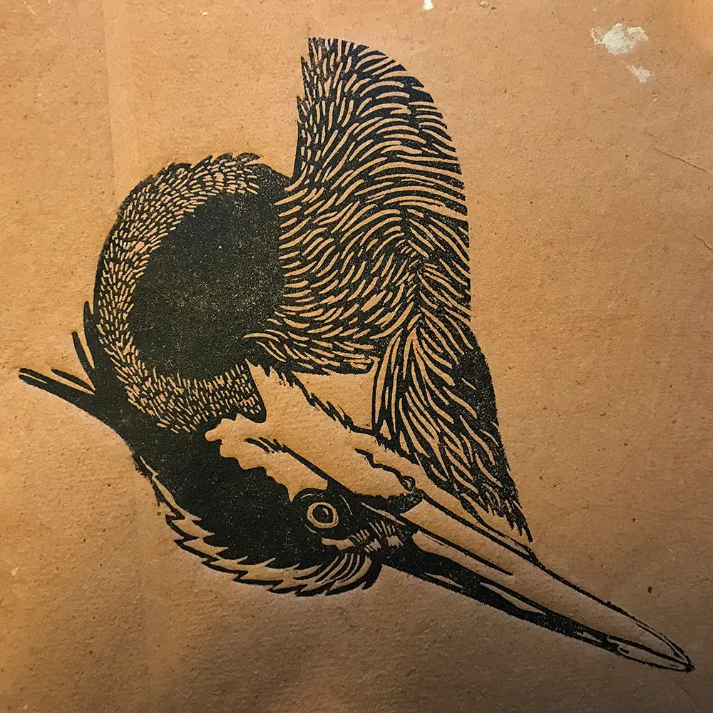 heron head linoprint printed by Ronja Hollkott