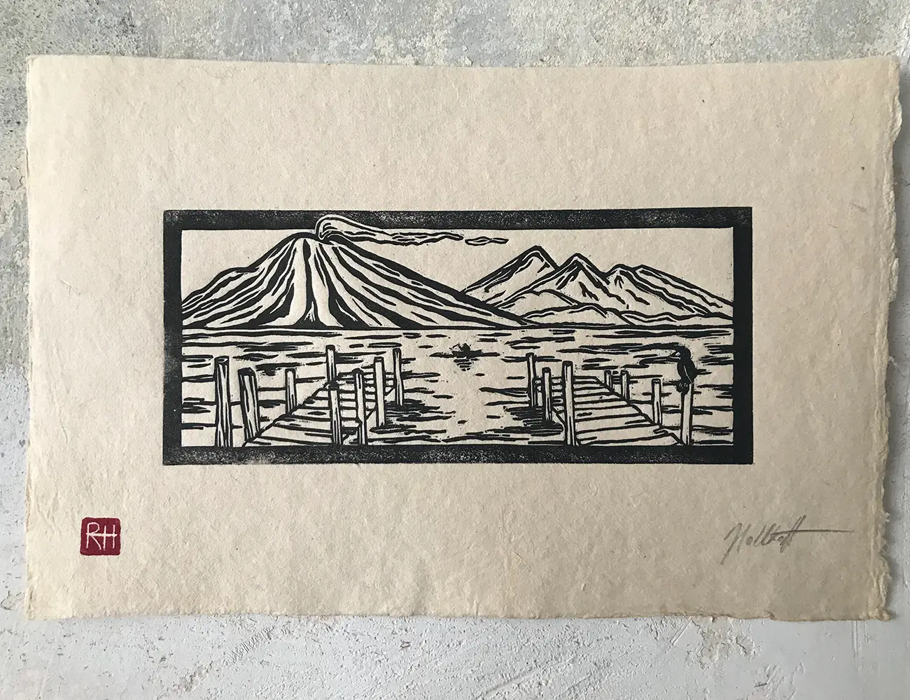 lake linoprint printed by Ronja Hollkott on vietnamese paper