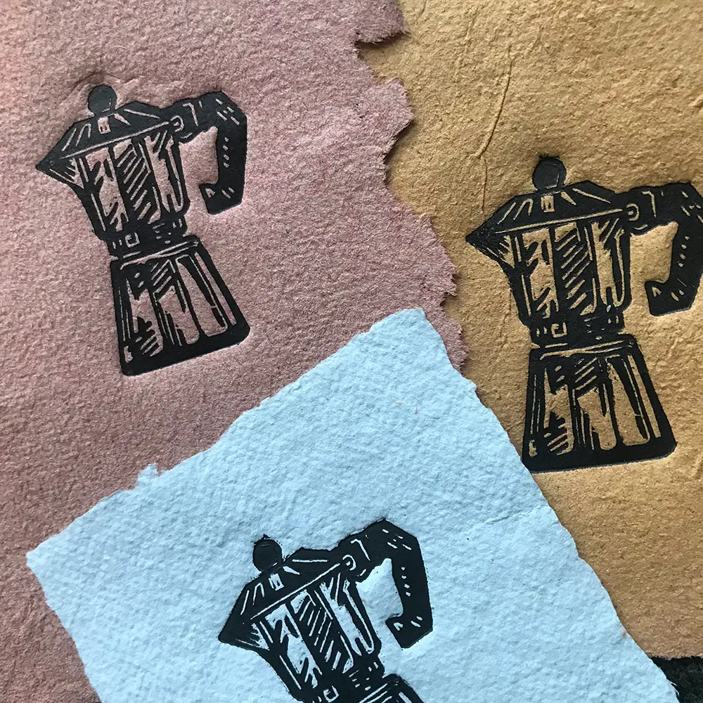 Mini Bialetti linoprint printed by Ronja Hollkott on handmade paper