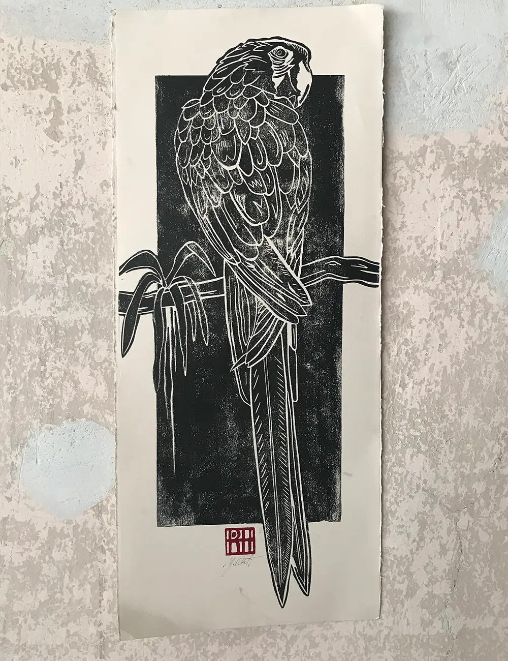 parrot Linoprint printed by Ronja Hollkott