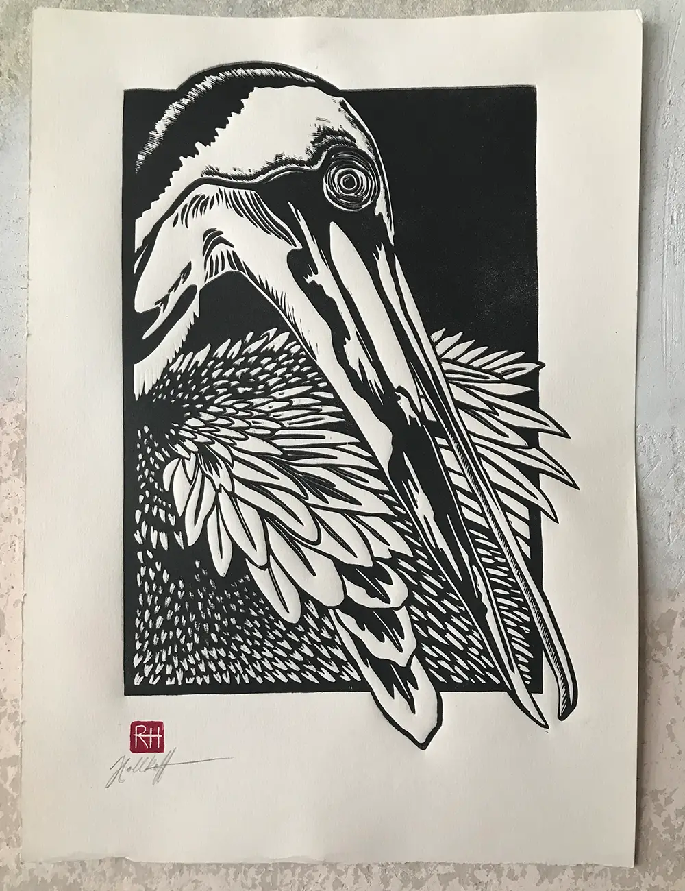 pelican linoprint printed by Ronja Hollkott